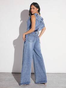 Denimoi Stacked Wide Leg Denim Jumpsuit - Light Wash - View 3