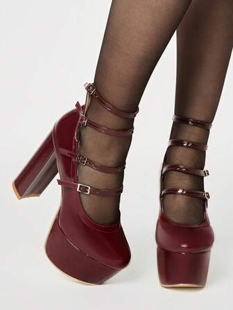 Tacones altos con diseño de hebilla y suela gruesa, elegantes y de moda, adecuados para ocasiones de fiesta