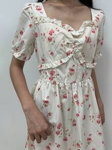 Breezaya Summer Heart-Shaped Neck Floral Print Holiday Style Short Sleeve Dress - Apricot - View 3