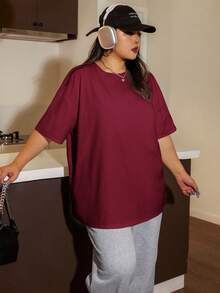 SHEIN EZwear Camiseta roja sencilla de unicolor para mujer de talla grande - Rojo - Ver 3