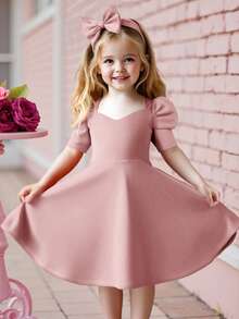 SHEIN Đầm thường ngày tay phồng màu trơn cho bé gái - Bụi hồng - Xem 6