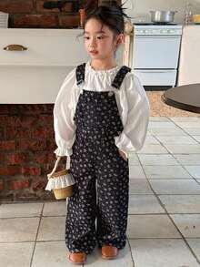 DAZY Young Girl Casual Ditsy Floral Denim Bib Overalls - Blue - View 1