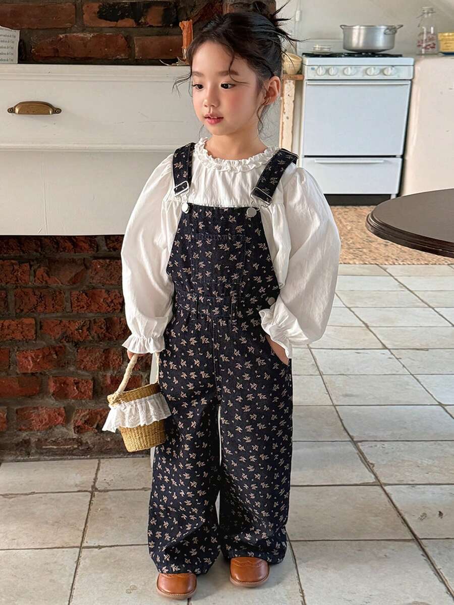 DAZY Young Girl Casual Ditsy Floral Denim Bib Overalls - Blue - View 1