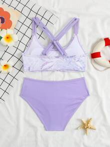 SHEIN 少女比基尼泳衣，交叉绑带罗纹泳装，荧光色坦克背心式泳衣，春夏款 - 彩色 - 查看 2