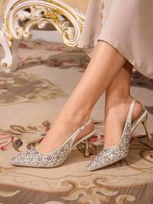 CUCCOO TILAWA Zapatos de tacón alto elegantes con adorno de rhinestones en la punta para mujer - Champán - Ver 3