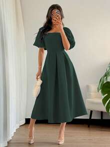 Elenzga Đầm nữ thanh lịch, tối giản, màu trơn, cổ tròn, viền bèo nhún, dáng chữ A, tay phồng, tay ngắn, thích hợp cho đi làm, công sở, kinh doanh, thường ngày, du lịch, tiệc trà chiều, tiệc tùng. - Màu xanh lá cây đậm - Xem 5
