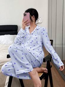 Dream Adore 女士泡泡褶皱爱心印花家居服套装，适合室内外穿着 - 藍色 - 查看 6