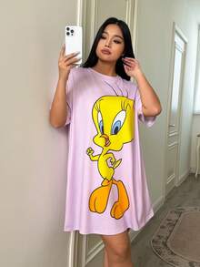 LOONEY TUNES X SHEIN Plus Size Women's Summer Fall Autumn Y2k Cleanfit Atry Chic Cute Dreamy  Retro Vintage Casual Vacation Vibe Back To School Clothes  Kawaii  Streetwear Letter & Cartoon Tweety  Pattern Graphic  Purple  Loose Fit Nightgown, Summer Tweety Bird Nightgown Cartoon Nightgown Moomoo Nightgown - Purple - View 3