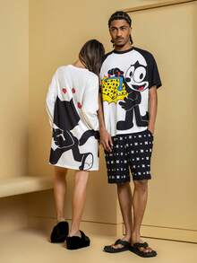 SHEIN Felix The Cat Áo ngủ nữ dáng rộng, tay dài, vai rớt, in hình chữ cái và trái tim hoạt hình dễ thương, thích hợp cho mùa xuân/thu. - trắng - Xem 5