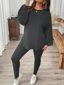 SHEIN LUNE 2pcs Plus Size Solid Color Round Neck Long Sleeve Top And Skinny Ankle Length Pants Set Winter Clothes 2 Pieces Casual Sets Woman - Dusty Blue - View 1