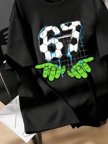 Tween Boy Casual Minimalist, Fashion Classic, Cool Style, Number 67, Football Element, 6&7, Cartoon Pattern Short Sleeve T-Shirt, Suitable For Spring And Summer - Black - View 5