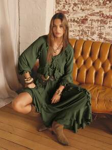 Aralina Vestido de mujer de manga farol con volantes de unicolor simple para otoño - Verde militar - Ver 9