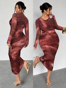 Firerie Đầm maxi dài tay thanh lịch in họa tiết tie-dye, xếp ly eo, cổ bất đối xứng, chất liệu vải lưới co giãn, thích hợp cho buổi hẹn hò, tiệc tùng, đi nghỉ mát hoặc đi học. - Gỗ đỏ - Xem 1