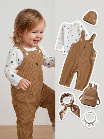 2pcs Baby Girl Cute Sweet Fashion Casual Brown Khaki Corduroy Texture Cartoon Bear Face Embroidery Pocket Suspender Overall Jumpsuit Bib Pants Dungarees And White All Over Star Print Pattern Long Sleeve T-Shirt Tops Two Pieces Outfit Sets Soft Clothes For Daily Wear School Play Spring Fall Autumn Winter