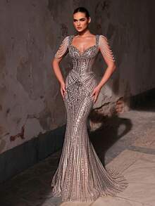 Glamrae Đầm đuôi cá tay phồng sang trọng, đính cườm và sequin, thích hợp cho đám cưới, tiệc tùng, kỳ nghỉ, dạ hội và các dịp trang trọng (đính kết rất cầu kỳ). - Rượu sâm banh - Xem 8