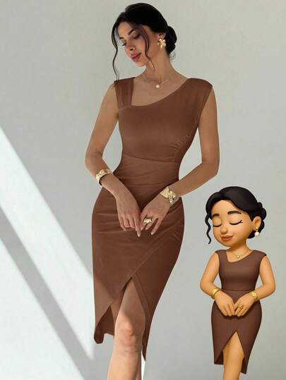 Firerie Women Midi Dresses, Modest, Fall Women Clothes, Business Casual Woman, Old Money Style Women, Country Outfits Women, Going Out Tops Women, Travel Outfit Airport, Back To School, All White Dresses, Women's Solid Color Asymmetric Neck Pleated Sleeveless Split Waist Slim Fit Mid-Length Dress, White Maxi Dress, Wedding Guest Attire, Valentine's Day Date Night Vacation Commute Casual Outings