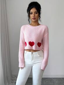 SHEIN Elenzya Women's Drop Shoulder Long Sleeve Heart Knit Cropped Sweater - Pink - View 7