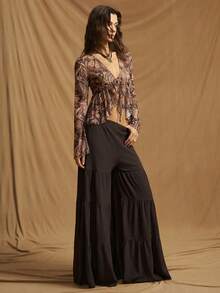 SHEIN ICON Women's Vintage Floral Print Front Tie Flare Sleeve Sheer Mesh Top - Multicolor - View 3