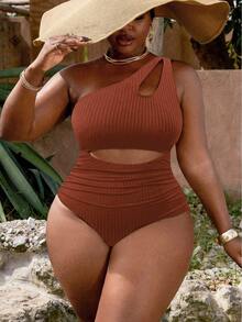 Slaydiva Plus Size Women Black Ribbed Cutout Ruched One-Piece Swimsuit, Casual Vacation - Brown - View 5