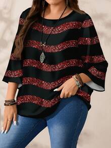 EMERY ROSE Plus Size Women Casual All-Over Print Round Neck Loose 3/4 Sleeve Shirt, Autumn/Winter Spring - Multicolor - View 8