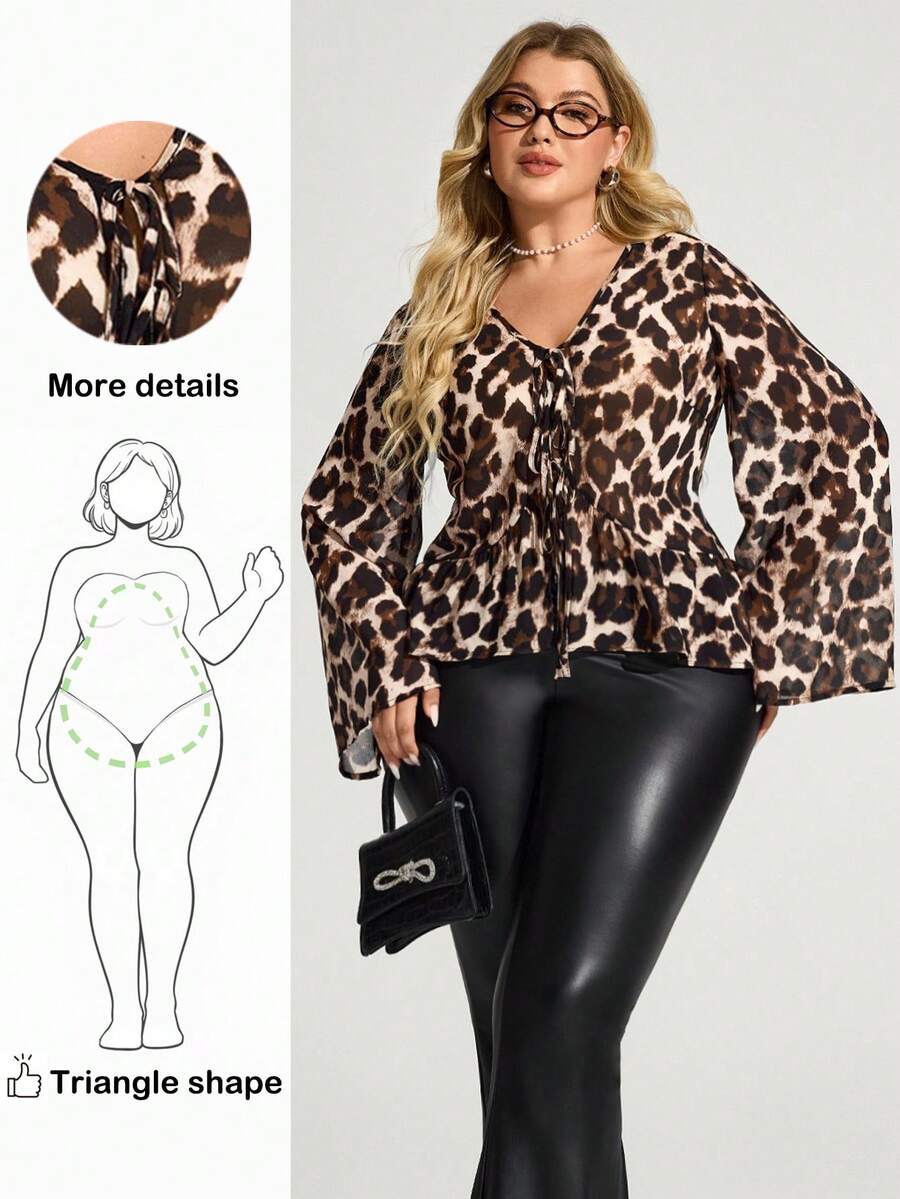 Truni Fall Clothes For Women,WinterPlus Size Women Leopard Print Tie Front Flare Sleeve Fashionable T-Shirt, Leopard Print - Brown - View 1
