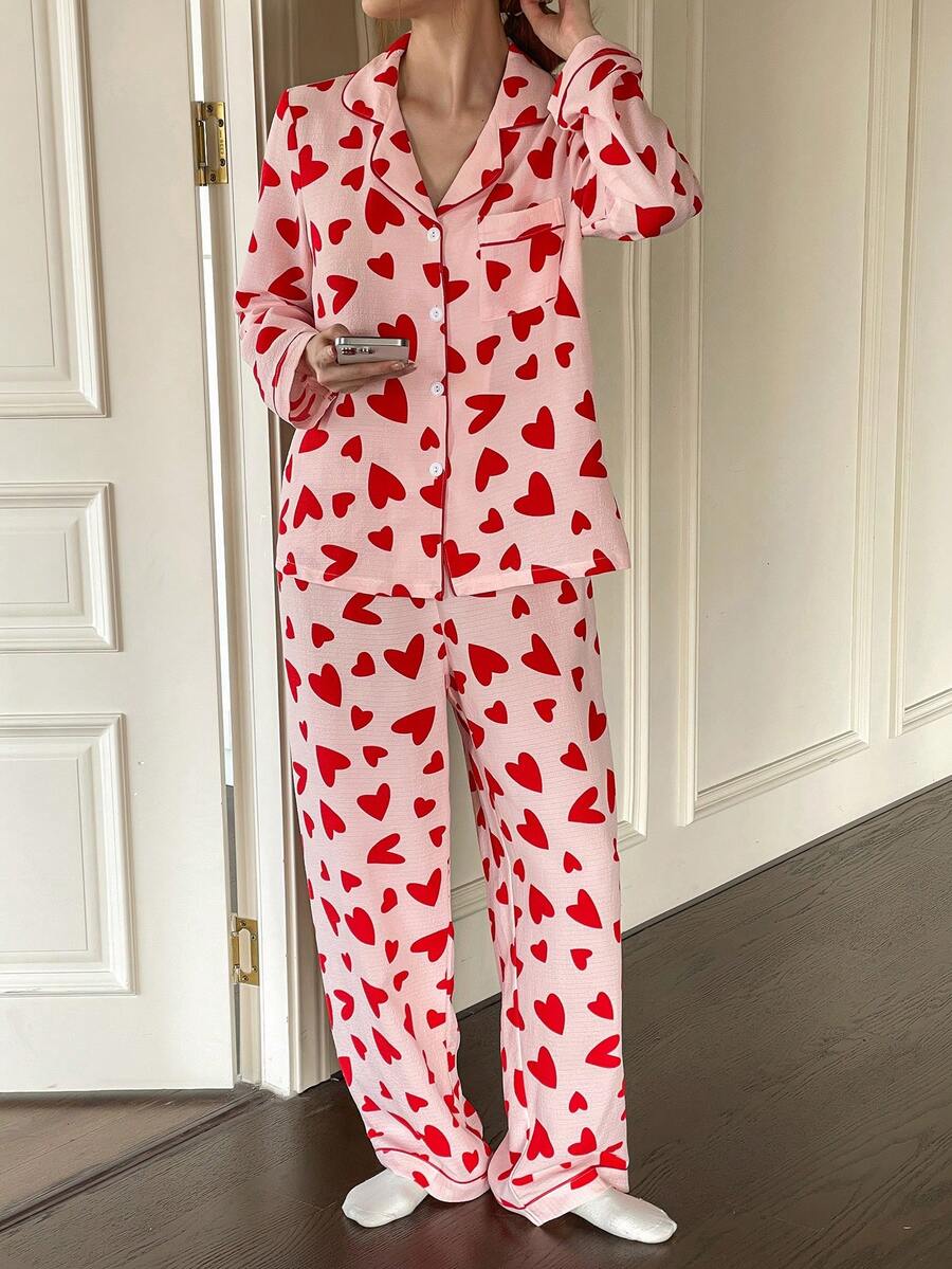 Dream Adore Red Heart Print Bubble Crinkle Women Long Sleeve Pajama Set Heart Pajama Set Pajamas Set For Woman Valentine's Day Pajamas Set - Red - View 1