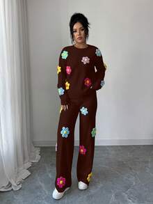 Selianne Women's Coffee Brown Round Neck Drop Shoulder 3D Floral Pullover Sweater Paired With 3D Floral Straight Leg Sweater Pants - Coffee Brown - View 4