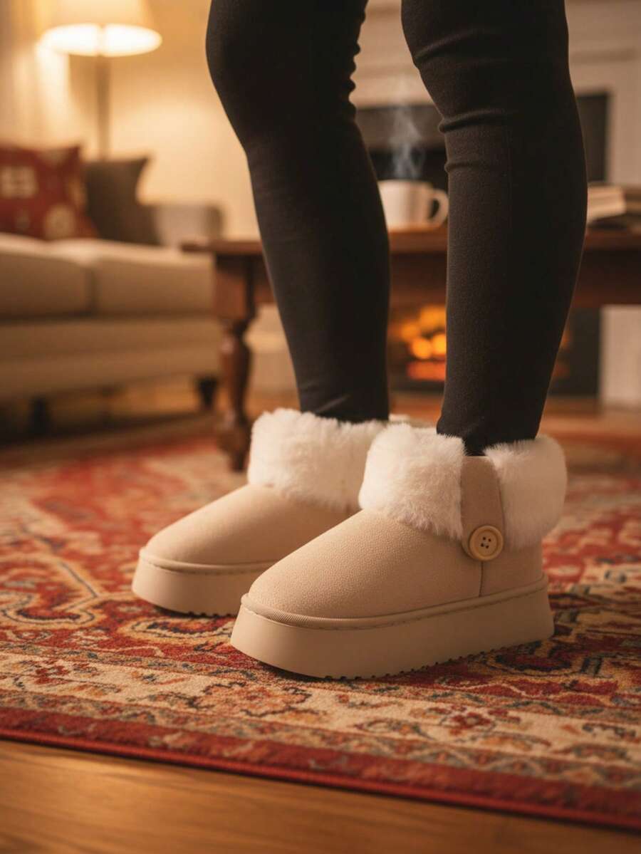 Botas de nieve retro de felpa para mujer 2025 otoño nuevos zapatos de algodón de moda de suela gruesa botas casuales versátiles - Beis - Ver 1