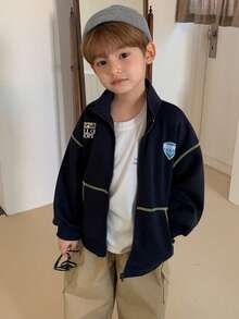 DAZY Young Boy Casual Letter Graphic Drop Shoulder Zip-Up Jacket, Autumn - Navy Blue - View 5
