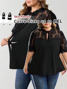 SHEIN CURVE+ Plus Size Spring/Summer Women's Suit, Valentine's Day Plus Size Women's Elegant Lace Patch Tie Collar Short Sleeved T-Shirt/2026 /New Year - Black - View 1