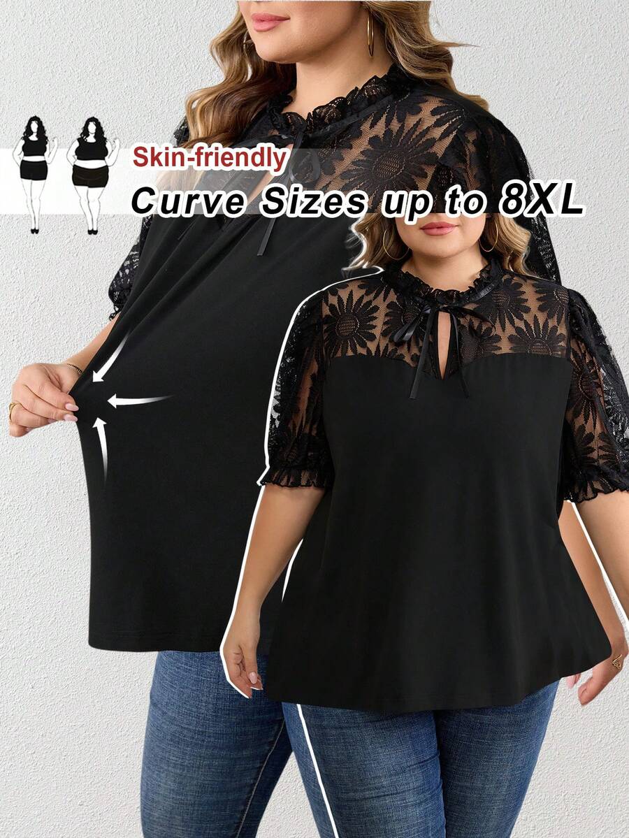 SHEIN CURVE+ Plus Size Spring/Summer Women's Suit, Valentine's Day Plus Size Women's Elegant Lace Patch Tie Collar Short Sleeved T-Shirt/2026 /New Year - Black - View 1