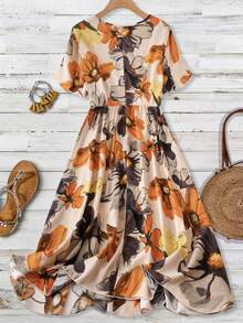 EMERY ROSE Plus Size Casual Ink Flower Printed Front Button-Up Dress For SpringSummer Maxi Women Outfit - Multicolor - View 2