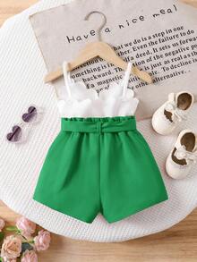 SHEIN Bộ áo hai dây màu trắng dễ thương và quần short cạp chun cho bé gái, mùa hè - màu xanh lá - Xem 2