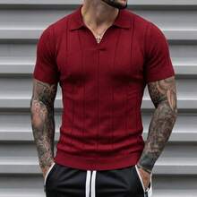 Camiseta para hombre tipo polo retro tejido a rayas suelta manga corta primavera verano uso diario camiseta - Rojo - Ver 2