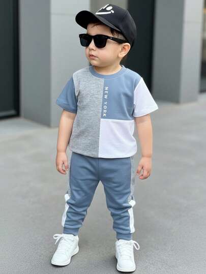 SHEIN Baby Boys Casual Minimalist Round Neck Short Sleeve Pants Set, Classic Cool Colorblock Patchwork Graphic Print, Classic City Name New York Text Print