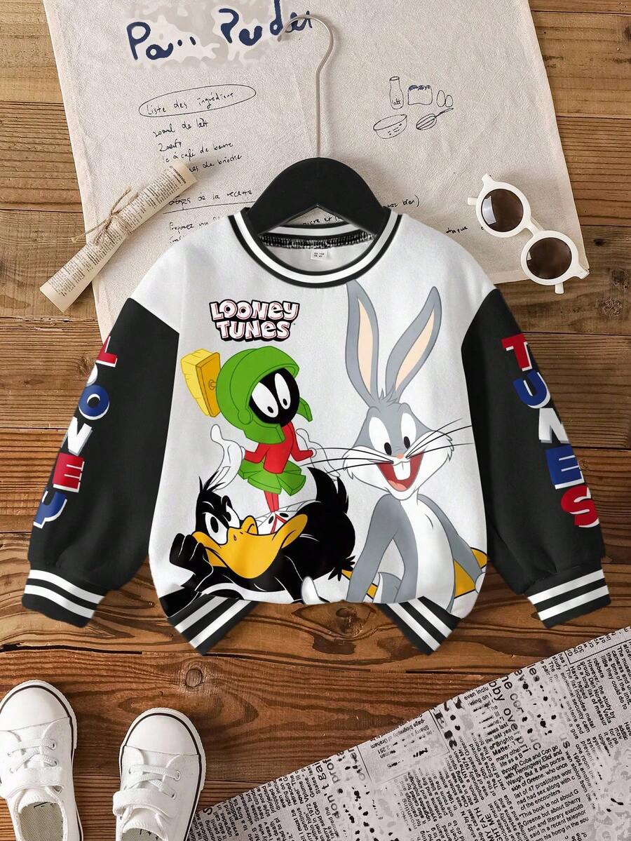 LOONEY TUNES X SHEIN Baby Boy Casual Colorblock Cartoon Pattern Crew Neck Sweatshirt, Autumn - White - View 1