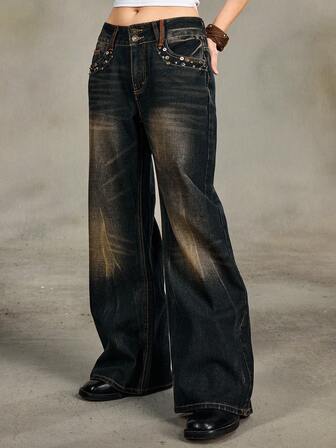 Grunge Punk Vintage Distressed Rivet Design Women Loose Low Waist Flare Jeans