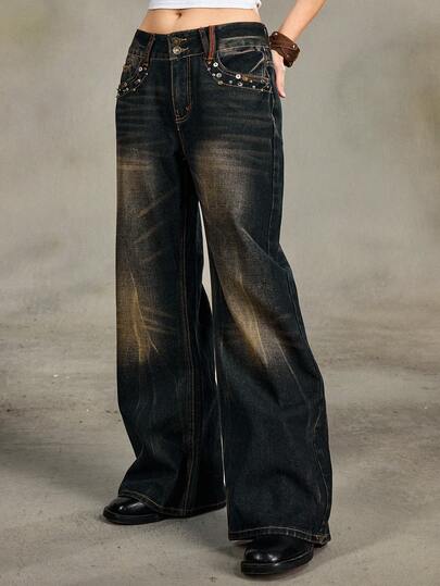 Grunge Punk Vintage verwaschen Nieten Design Damen locker sitzende Schlagjeans mit niedriger Taille