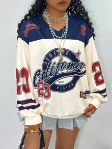 Rovax Felpa oversize casual da donna con scollo a V e stampa di lettere, manica lunga - Multicolore - Visualizzare 3