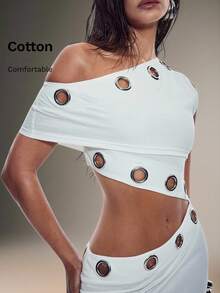 Denimoi 单肩镂空水洗针织连衣裙配金属扣眼五金演唱会服装迷你连衣裙性感连衣裙演唱会服装夏季服装时尚短裙