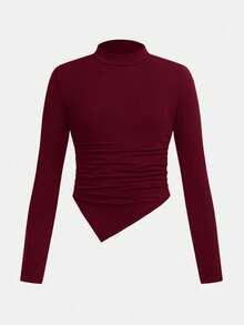 SHEIN Serisse Kids 少女休闲基础款简约舒适高弹力抓绒立领不对称褶皱修身上衣和宽松阔腿裤两件套，返校季，适合日常外出穿着 - 酒紅色 - 查看 3