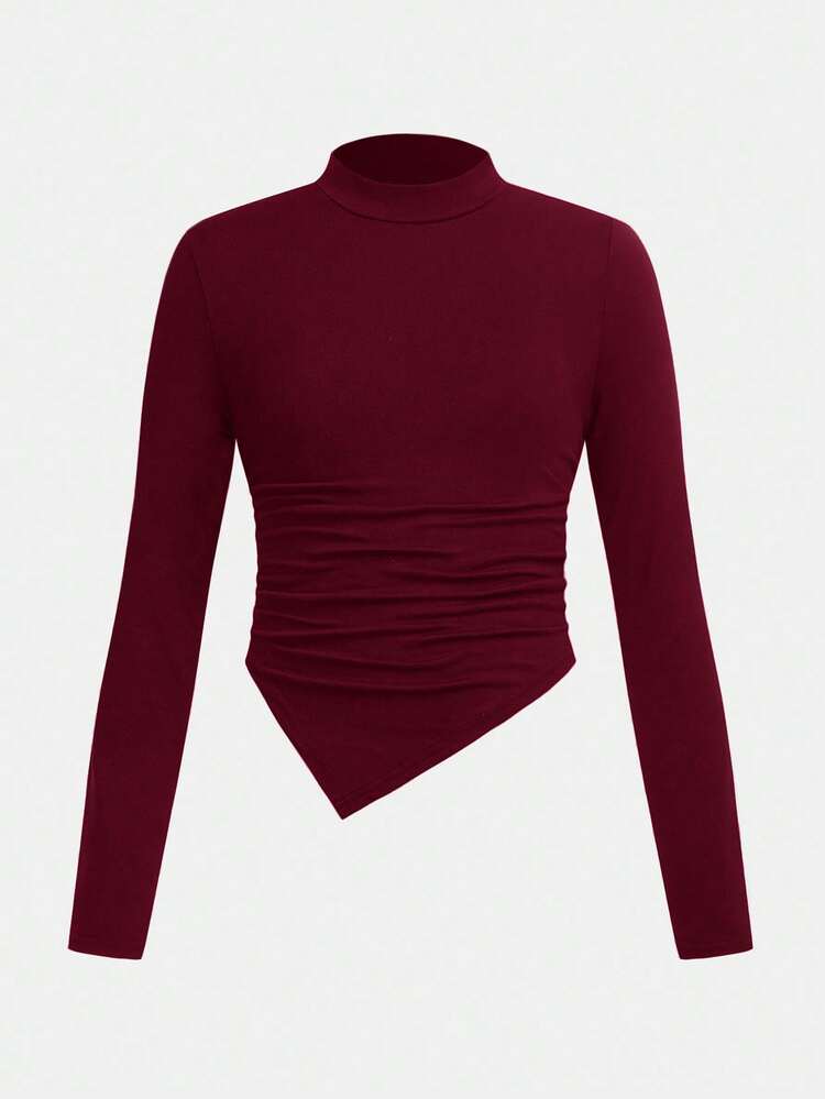 SHEIN 10代の女の子 カジュアル ベーシック ミニマリスト 快適 ハイストレッチ フリース スタンドカラー アシンメトリー シャーリング フィッテッド トップス リラックスワイドレッグパンツ 2ピースセット、学校に戻る、デイリーアウトに適しています - バーガンディ - 見る 3