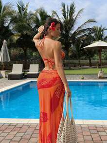 Swim SXY Women's 3-Piece Beach Vacation Sexy Minimalist Floral Orange Maxi Dress, Halter Starfish Metal Accessory Swimsuit Cover Up, Women's Bikini, Christmas Outfits, New Year Outfits, Music Festivals, Parties - Multicolor - View 3