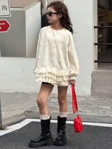 DAZY 女童圆领针织网眼拼接卫衣，秋季款 - 米色 - 查看 4