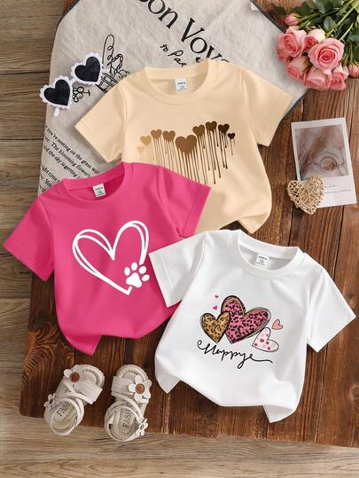 SHEIN 3pcs/Set Infant Toddler Unisex Casual Cute Leopard Heart Letter Print Long Sleeve Knit Crew Neck Sweater & Short Sleeve T-Shirt, Suitable For Baby Boys & Girls, 6 Months - 3 Years, Spring/Summer Babygirl Tees Baby Girl Graphic Shirts Cute Toddler Tops