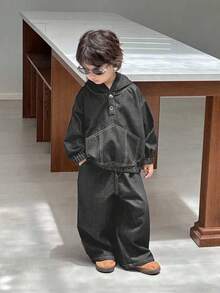 Dazy Kids 2pcs/Set Young Boys' Loose Casual Denim Jacket And Straight Leg Jeans Outfit, Autumn Spring - Dark Grey - View 3