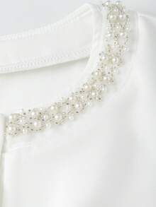 Franclia Camisa de mujer, cuello redondo, manga raglán larga, cierre delantero con botones, cuello decorado con cuentas, diseño de cintura entallada, uso versátil y elegante para el día a día - Blanco - Ver 5