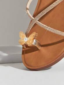 SHUZIA #ButterflyGleam 女士金色 3D 蝴蝶珍珠装饰水钻戒指趾凉鞋 – 优雅、闪亮、舒适。 - 金色 - 查看 6