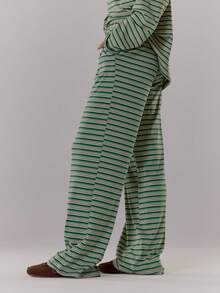MUSERA 阔腿条纹系带腰裤 可爱酷女孩舒适日常干净女孩休闲田园风复古奶油糖色春季裤装 - 綠色 - 查看 4