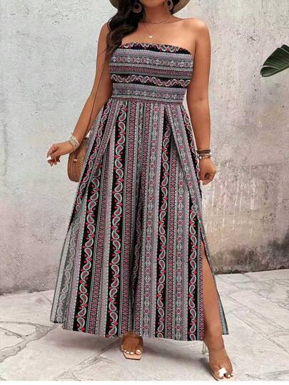 SHEIN Clasi Plus Size Women's Print Open Shoulder Jumpsuit, Elegant Casual Holiday Bohemian Beach Outfit, Summer